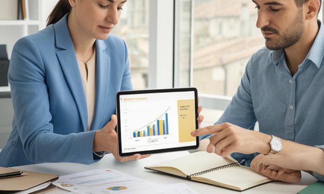 Consultor revisando documentos financieros con una tableta en una oficina luminosa de Vich, Cataluña, junto a un empresario que analiza gráficos de rentabilidad